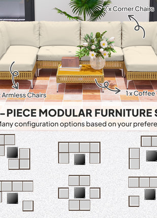 7 Piece Wicker Patio Furniture Set with Cushions & Acacia Wood Table