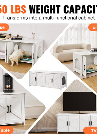 Cat Litter Box Enclosure Furniture – Hidden Wooden Cat Washroom Cabinet with 2 Rooms White