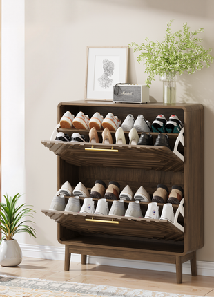 Walnut Mid-Century Shoe Cabinet with Flip Drawers – Slim Entryway Shoe Storage Organizer