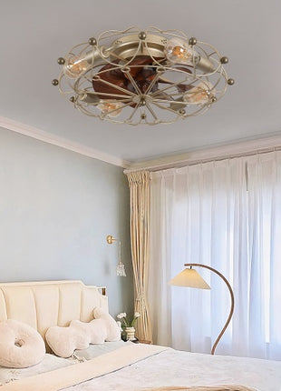 Likeshoppe Gold Caged Ceiling Fan with Light & Remote – Modern Low Profile Flush Mount Fan with 6 Speeds for Bedroom, Kitchen & Living Room