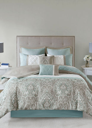 Likeshoppe Queen 8 Piece Comforter Set Seafoam – Luxury Quilted Damask Bedding Set with Decorative Pillows & Bed Skirt
