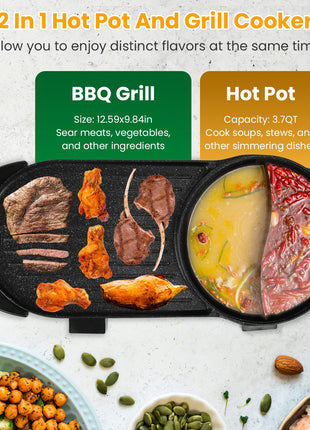 2200W 2-in-1 Electric Hot Pot & Korean BBQ Grill – Smokeless Non-Stick Shabu Shabu Cooker