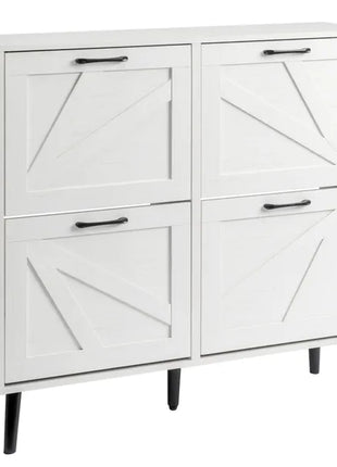 Farmhouse Barn Door Shoe Cabinet with 4 Flip-Down Drawers – Distressed White