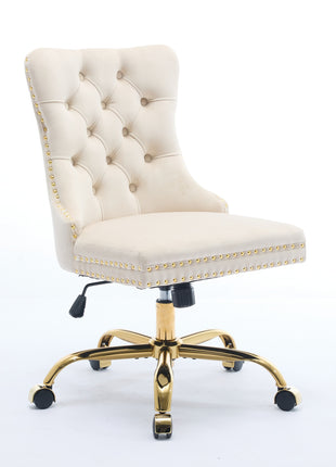 Likeshoppe Furniture Office Chair,Modern Velvet Upholstered Tufted Button Home Office Chair With Golden Metal Base,Adjustable Desk Chair Swivel Office Chair Beige