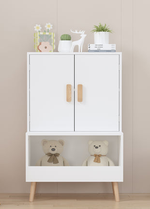 Likeshoppe Kids Toy Storage Cabinet with Doors and Open Shelf – Modern White Wooden Organizer for Nursery, Playroom & Bedroom