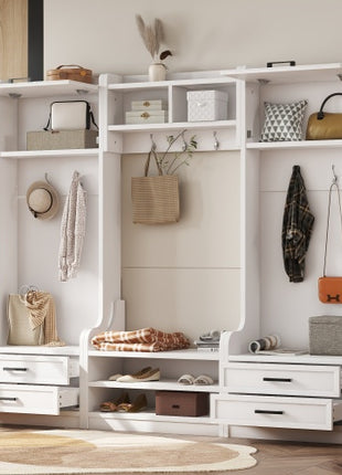 4-in-1 Hall Tree Entryway Storage Bench with Coat Hooks & Cabinet