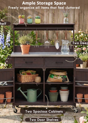 54.1" Outdoor Kitchen Island Cart with Stainless Steel Top, Storage Cabinets & High Shelf Hooks – Solid Wood BBQ Prep Table (Brown)