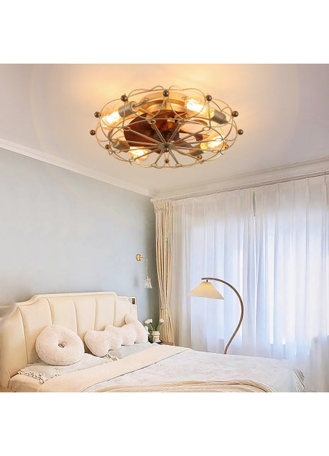 Likeshoppe Gold Caged Ceiling Fan with Light & Remote – Modern Low Profile Flush Mount Fan with 6 Speeds for Bedroom, Kitchen & Living Room