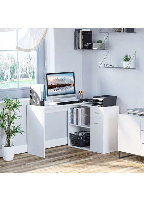 L Shaped Computer Desk, 180° Rotating Corner Desk with Storage Shelves, Drawer and Cabinet, Study Workstation for Home Office, White