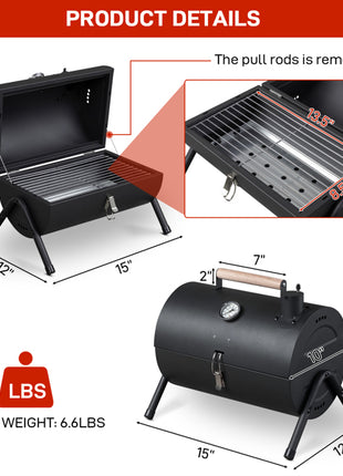 Portable Charcoal Grill with Thermometer – Compact Tabletop BBQ Grill for Camping & Outdoor Cooking