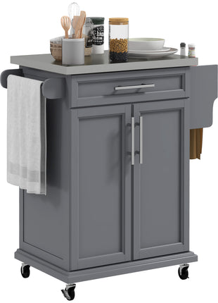 Kitchen Island on Wheels, Rolling Kitchen Cart with Stainless Steel Countertop, Drawer, Towel Rack and Spice Rack, Utility Storage Trolley, Gray