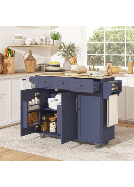 Kitchen Island on Wheels with Drop Leaf, Charging Station, Rolling Kitchen Cart with Wood Top, Adjustable Shelf, Blue