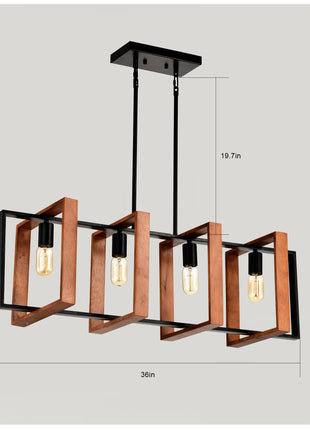 Likeshoppe Farmhouse Kitchen Island Pendant Light – 36" Rustic Wood & Black Metal 4-Light Dining Room Chandelier