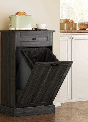 Tilt-Out Kitchen Trash Can Cabinet – Hidden Garbage Bin Storage with Drawer and Wood Top (Charcoal Gray)