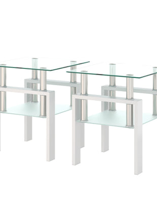 Modern Tempered Glass Coffee Table Set of 2 – Square End Tables with Storage Shelf LS3