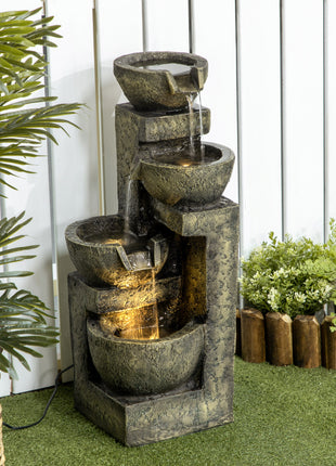 4-Tier Stone Bowl Outdoor Fountain with LED Lights – Small Zen Garden Waterfall Feature