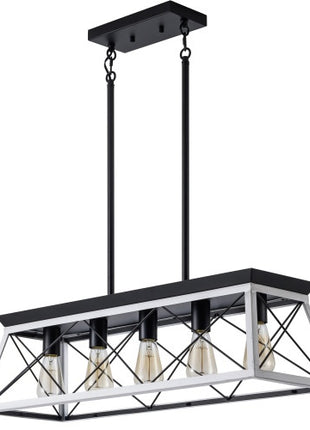 Likeshoppe 5 Light Farmhouse Chandelier White & Black – Rustic Wood & Iron Dining Room Ceiling Light with Adjustable Height (E26 Dimmable)