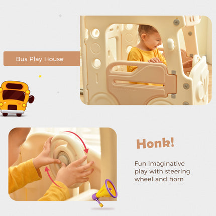 BB21- Kids Slide with Bus Play Structure; Freestanding Bus Toy with Slide for Toddlers; Bus Slide Set with Basketball Hoop - Likeshoppe 