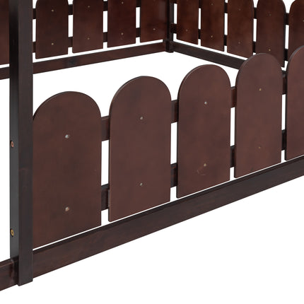 AS21- (Slats are not included) Full Size Wood Bed House Bed Frame with Fence;  for Kids;  Teens;  Girls;  Boys - Likeshoppe 