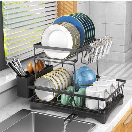 BY5- 2 Tier Dish Rack for Kitchen Counter,Dish Drying Rack with 360°Drainage,Dish Drainboard Set with Cutlery Holder and 4 Cup Holder,Dish drainers Over Sink Drying Rack On Counter - Likeshoppe 