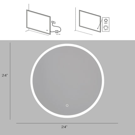 BU9- 24 in. Round Wall-Mounted Dimmable LED Bathroom Vanity Mirror with Defogger and Bluetooth Music Speaker - Likeshoppe 