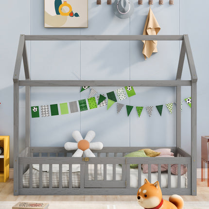 AS13- Twin Size Wood House Bed with Fence and Door - Likeshoppe 