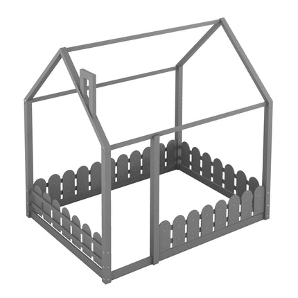 AS21- (Slats are not included) Full Size Wood Bed House Bed Frame with Fence;  for Kids;  Teens;  Girls;  Boys - Likeshoppe 