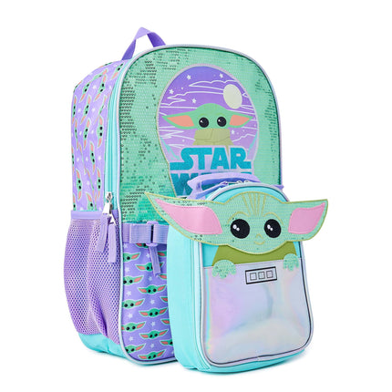 BZ6- Star Wars Mandalorian Baby Yoda Girls 17" Laptop Backpack 2-Piece Set with Lunch Tote Bag, Purple Green - Likeshoppe 