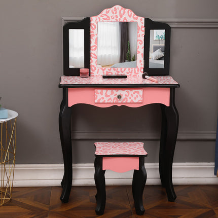 AY5- Kids Gisele Leopard Print Wooden Vanity Set with Tri-Fold Mirror Table and Chair, Pink/Black, - Likeshoppe 