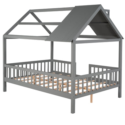 AS32- Full Size Wood House Bed with Fence - Likeshoppe 