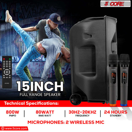 CC6- 5 Core Powered PA Speaker 80W RMS Portable Active Powered DJ Audio System w Bluetooth 5.1 Two Wireless UHF Mics and Remote - ACTIVE HOME 15 2-MIC - Likeshoppe 