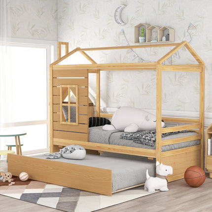 AS9- Twin Size House Bed Wood Bed with Twin Size Trundle - Likeshoppe 