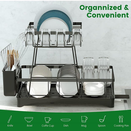 BY5- 2 Tier Dish Rack for Kitchen Counter,Dish Drying Rack with 360°Drainage,Dish Drainboard Set with Cutlery Holder and 4 Cup Holder,Dish drainers Over Sink Drying Rack On Counter - Likeshoppe 