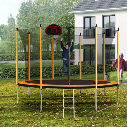 BA19- 10FT Trampoline with Basketball Hoop Inflator and Ladder(Inner Safety Enclosure) Orange - Likeshoppe 