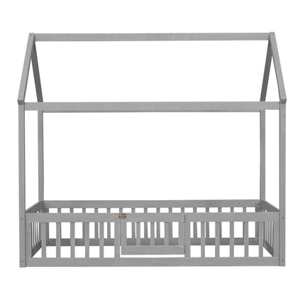 AS13- Twin Size Wood House Bed with Fence and Door - Likeshoppe 