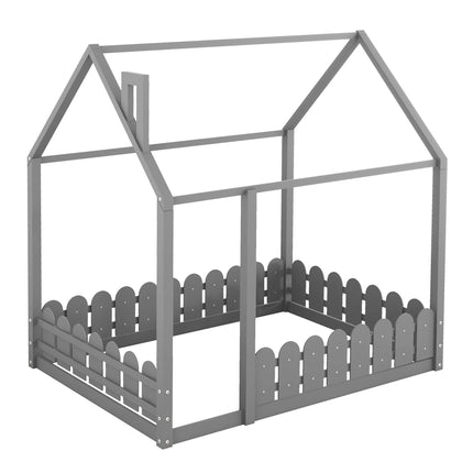 AS21- (Slats are not included) Full Size Wood Bed House Bed Frame with Fence;  for Kids;  Teens;  Girls;  Boys - Likeshoppe 