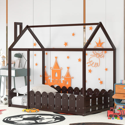 AS24- (Slats are not included) Twin Size Wood Bed House Bed Frame with Fence;  for Kids;  Teens;  Girls;  Boys - Likeshoppe 