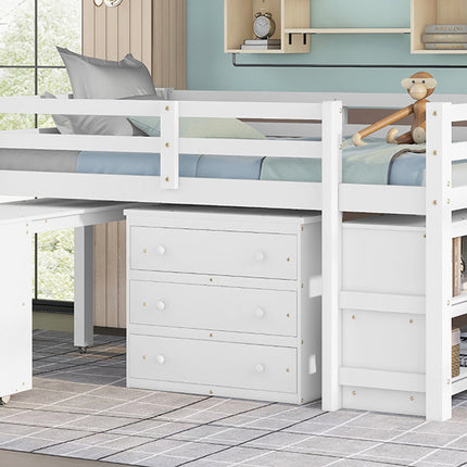 AS1- Low Study Full Loft Bed with Cabinet ; Shelves and Rolling Portable Desk ; Multiple Functions Bed - Likeshoppe 