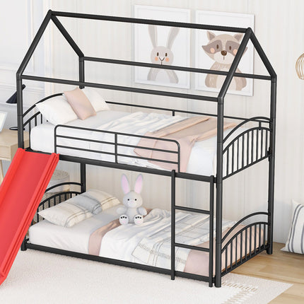 AS18-Twin Over Twin Metal Bunk Bed With Slide; Kids House Bed - Likeshoppe 