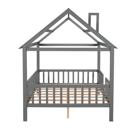 AS32- Full Size Wood House Bed with Fence - Likeshoppe 
