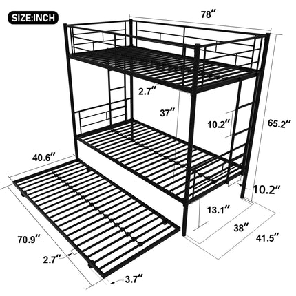 AS17- Twin Over Twin Metal Bunk Bed Frame with Trundle(Upgrade reinforcement version) - Likeshoppe 