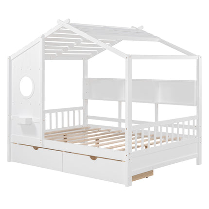 AS37- Wooden Full Size House Bed with 2 Drawers,Kids Bed with Storage Shelf - Likeshoppe 