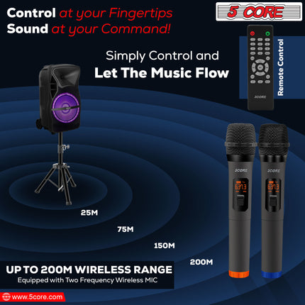 CC9- 5 Core DJ speakers 12" Rechargeable Powered PA system 500W Loud Speaker Bluetooth USB SD Card AUX MP3 FM LED Ring - ACTIVE HOME 12 2-MIC - Likeshoppe 
