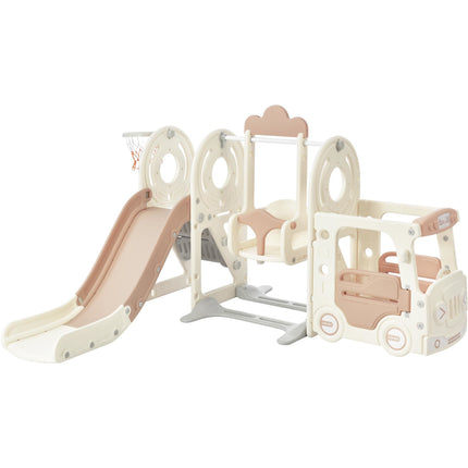 BB22- Kids Swing-N-Slide with Bus Play Structure; Freestanding Bus Toy with Slide&Swing for Toddlers; Bus Slide Set with Basketball Hoop - Likeshoppe 