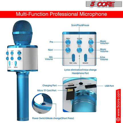 CC18- 5 Core Karaoke Wireless Microphones Bluetooth • w Stereo Mic Speaker • Portable Recording Microfono Inalambrico • SD Card & USB • Gifts Music Toys for Kids and Adults All Age- WM SPK BLU - Likeshoppe 