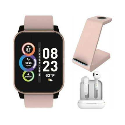 CB2- Itech Fusion 2 Unisex Adult Smartwatch w/ Bluetooth Earbuds&Charging Station,Silver/Black - Likeshoppe 