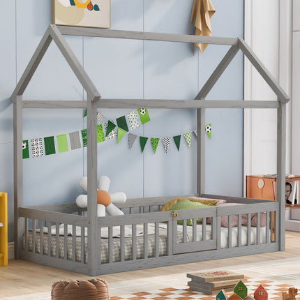 AS13- Twin Size Wood House Bed with Fence and Door - Likeshoppe 