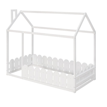 AS24- (Slats are not included) Twin Size Wood Bed House Bed Frame with Fence;  for Kids;  Teens;  Girls;  Boys - Likeshoppe 