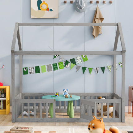 AS13- Twin Size Wood House Bed with Fence and Door - Likeshoppe 