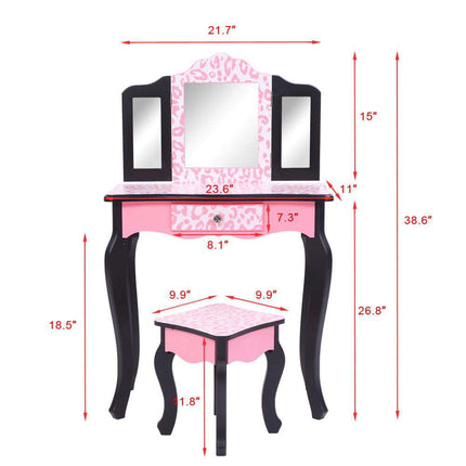 AY2- Kids' Wooden Vanity Table and Stool Set with 3 Mirrors; Princess Makeup Dressing Table; Children's Furniture - Likeshoppe 